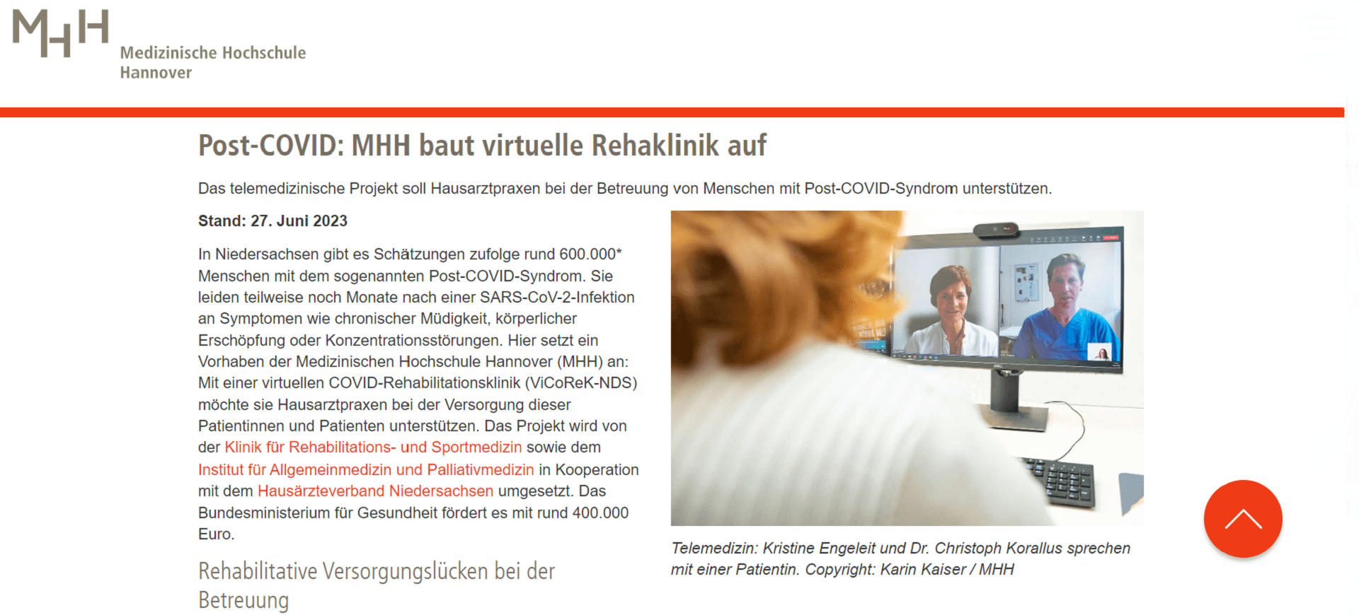 Bildschirmaufnahme: Pressemitteilung auf der Website der MHH