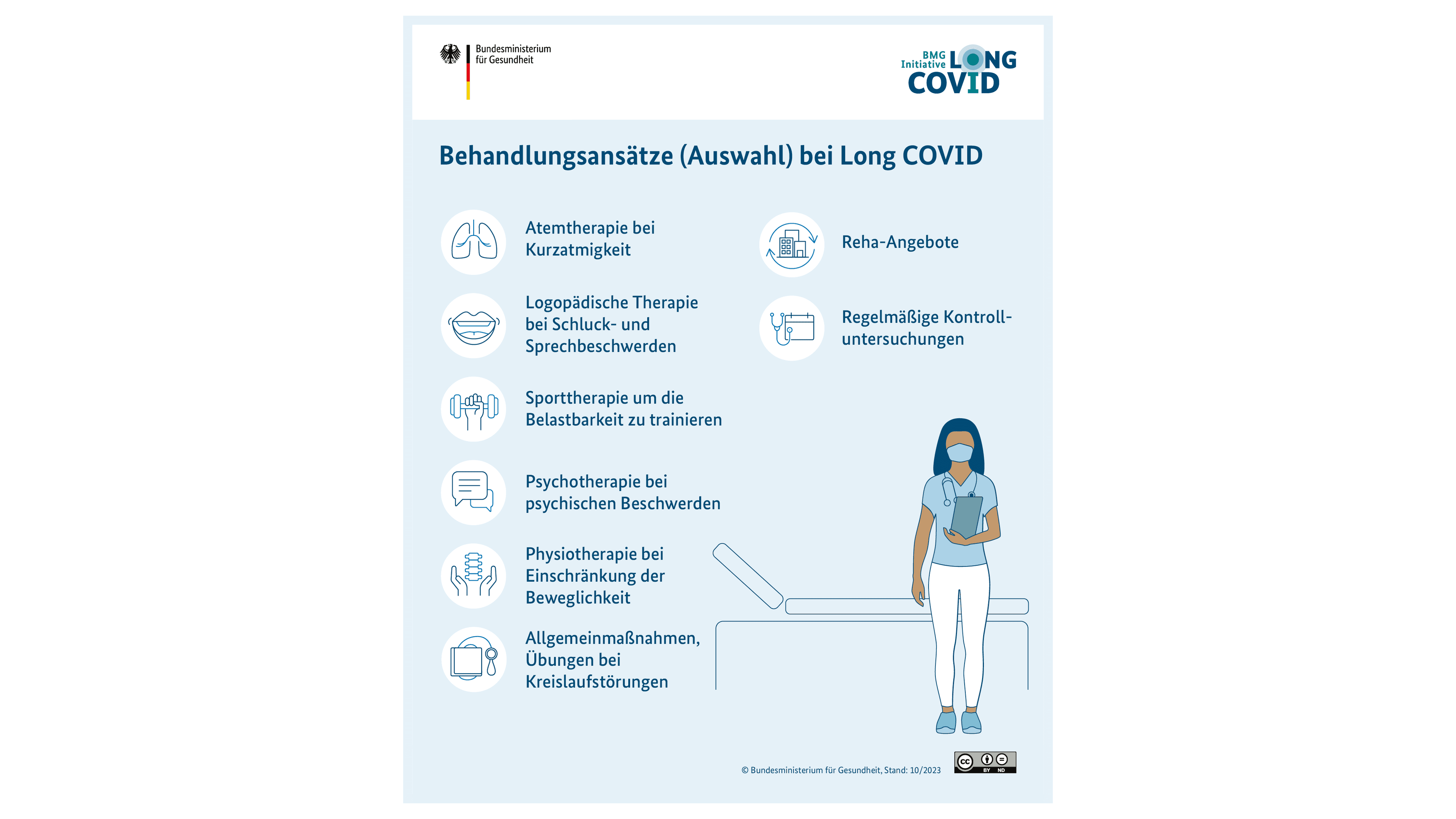 Grafik: Hinweise zu Behandlungsansätzen bei Long COVID, Person mit Stethoskop, stehend vor Behandlungsliege