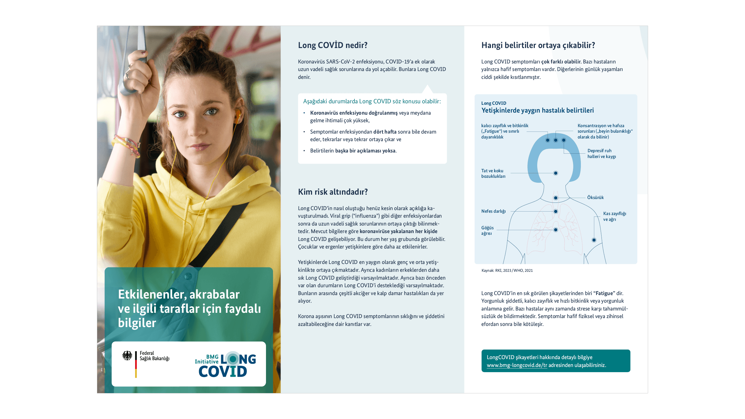 Grafikte, etkilenenler, yakınları ve ilgili taraflar için yararlı bilgiler içeren broşür gösterilmektedir