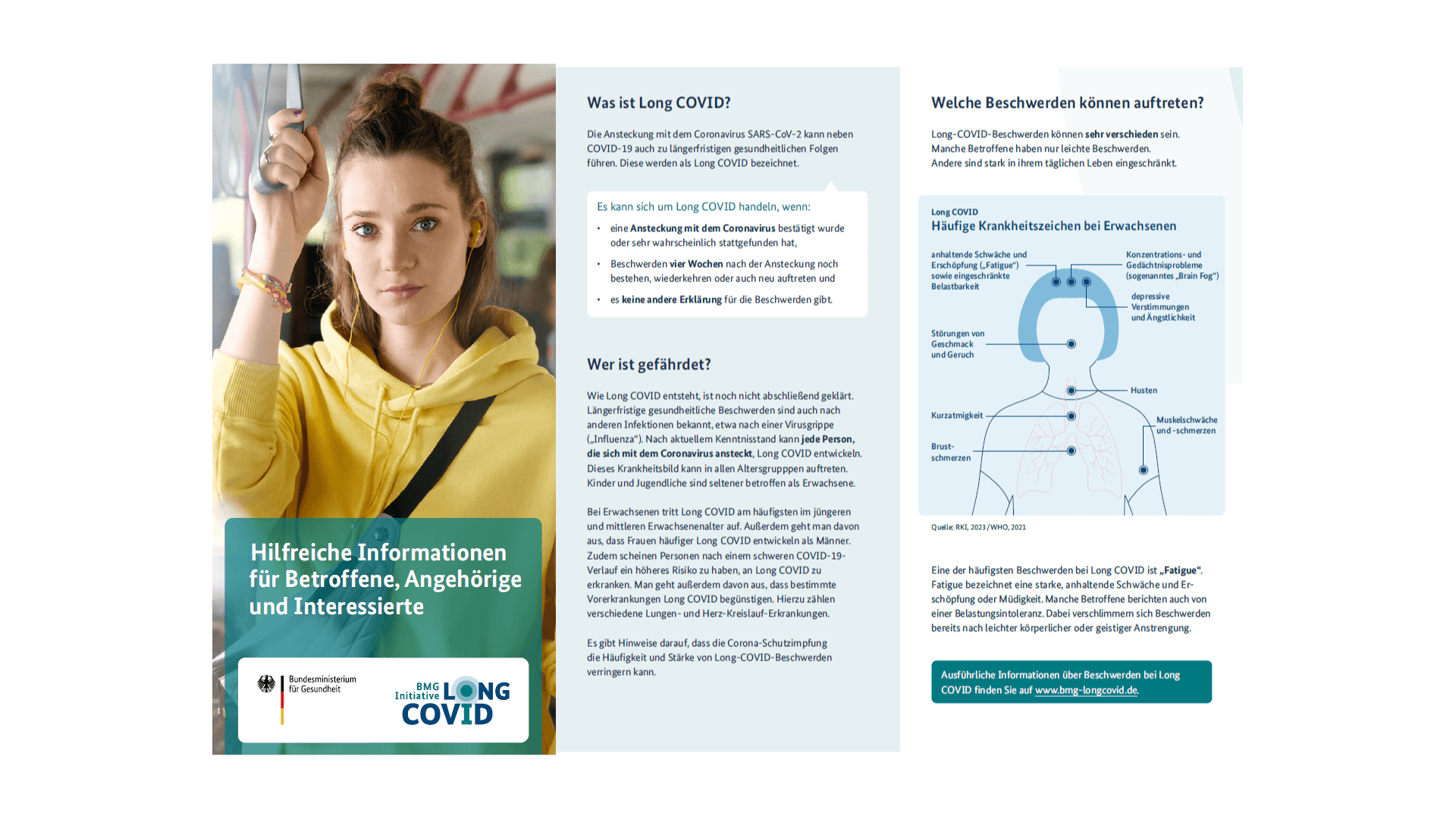 Ein Flyer mit hilfreichen Informationen für Betroffene, Angehörige und Interessierte. Das Motiv zeigt eine junge Frau in einem gelben Pullover stehend in einem Bus.