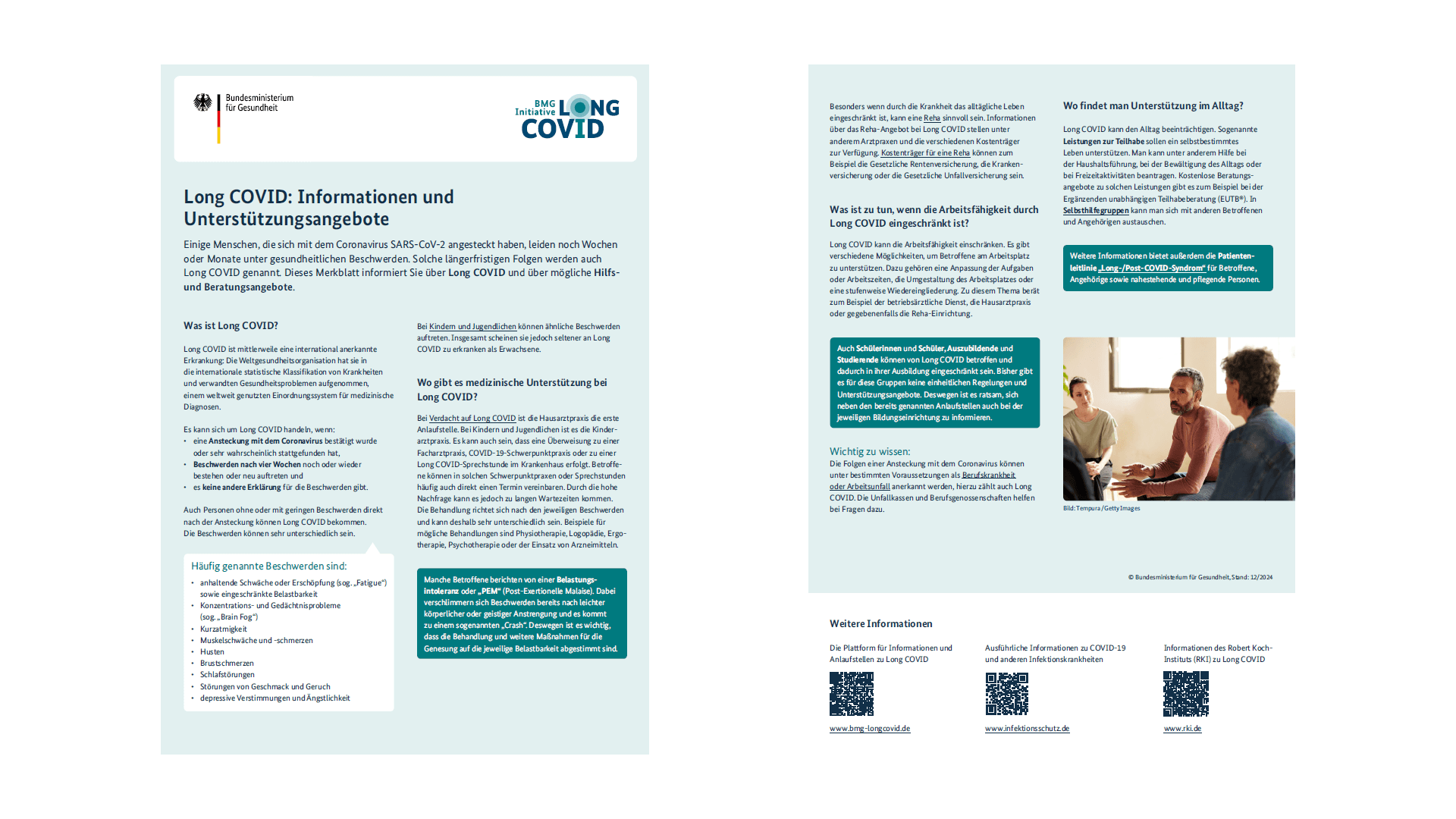 Die Grafik zeigt das Merkblatt zu Informationen und Unterstützungsangeboten bei Long COVID.