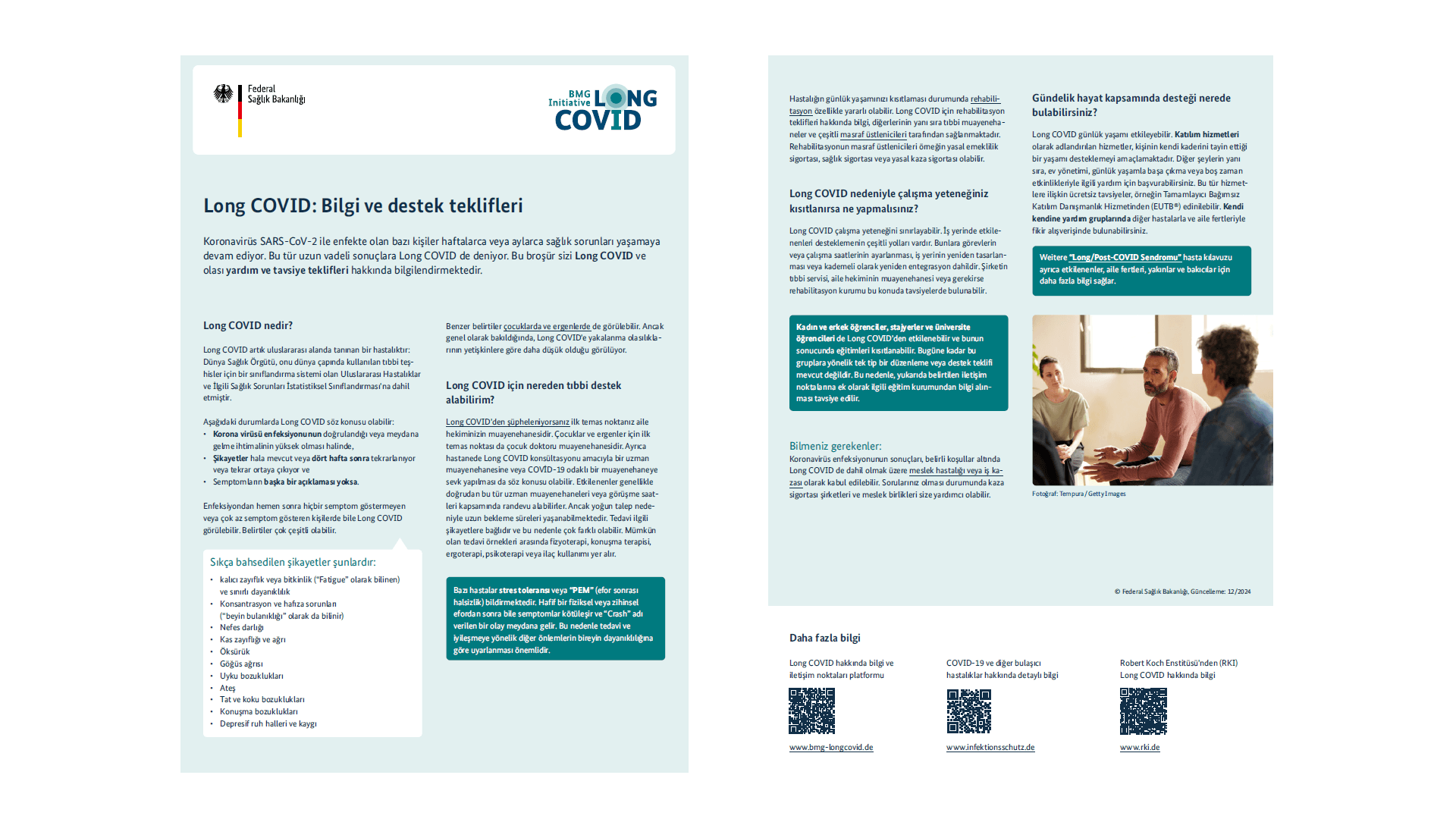 Grafik, Long COVID için bilgi ve destek hizmetlerine ilişkin broşürü göstermektedir.