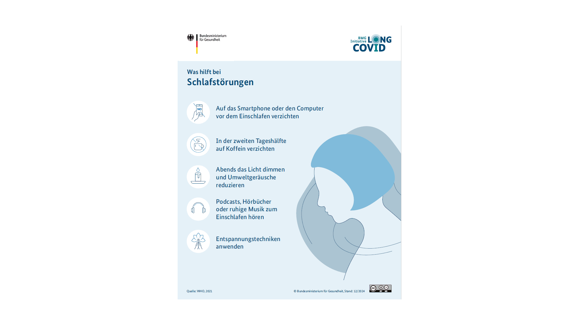 Die Grafik zeigt eine Infografik, die erklärt, was bei Schlafstörungen hilft, wenn man an Long COVID erkrankt ist.