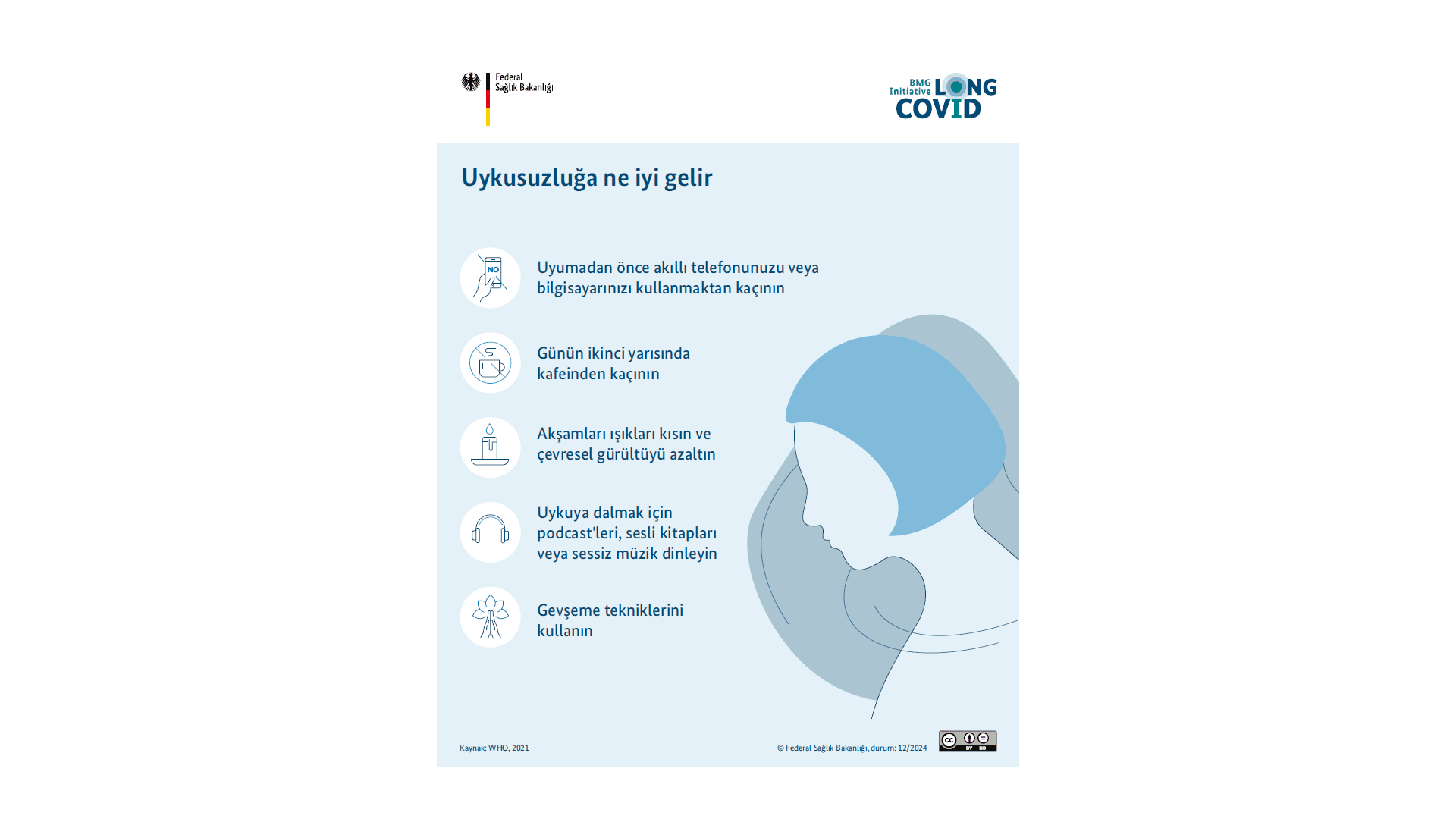 Grafik, Uzun COVID'iniz varsa uyku bozukluklarına neyin yardımcı olduğunu açıklayan bir infografiği göstermektedir.