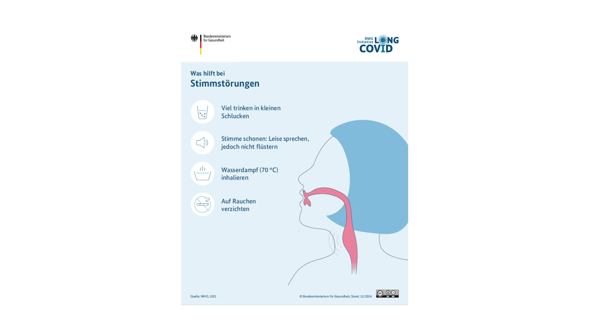 Die Grafik zeigt eine Infografik, die erklärt, was bei Stimmstörungen hilft.