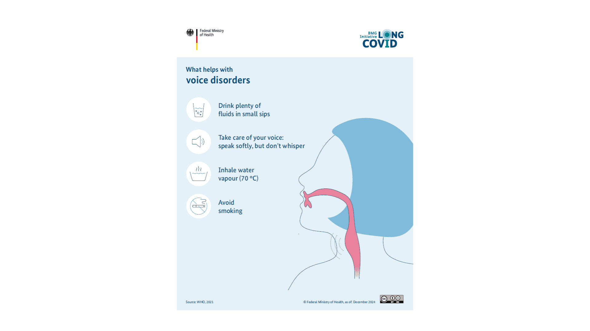 The graphic shows an infographic that explains what helps with voice disorders.