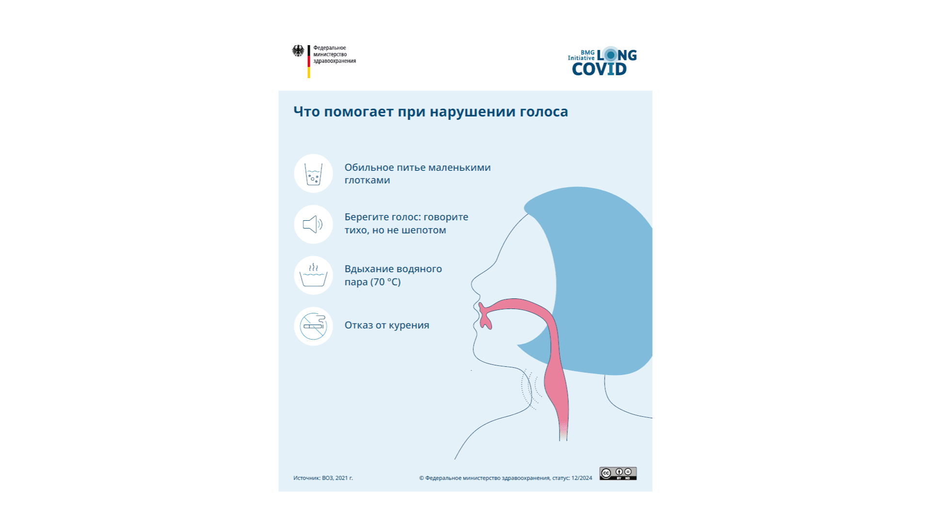 На графике представлена инфографика, рассказывающая о том, что помогает при нарушениях голоса.