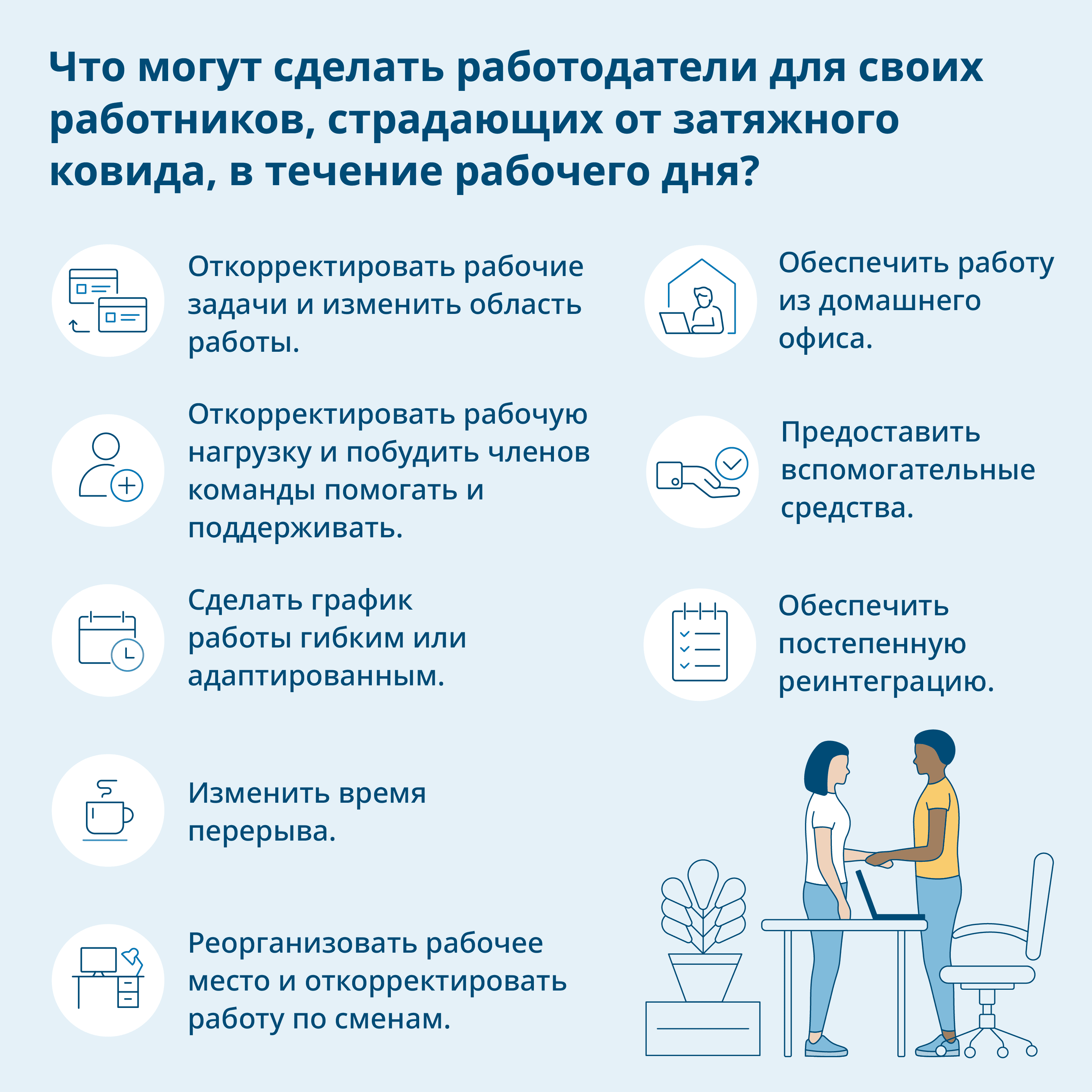 Графика: Советы о том, что работодатели могут сделать для сотрудников с Long COVID в их повседневной рабочей жизни