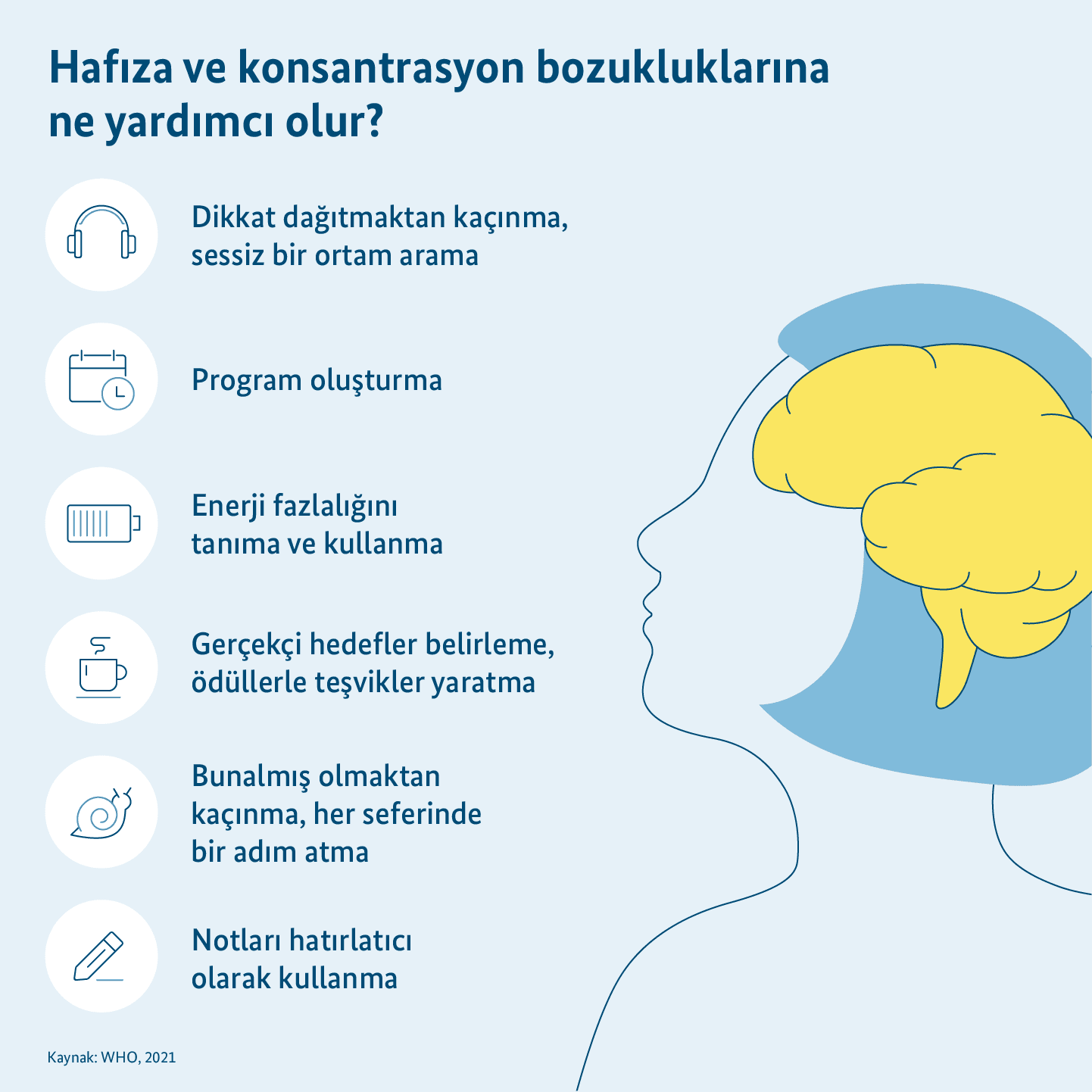 Grafik: Hafıza ve konsantrasyon sorunları ile ilgili olarak, insan vücudundaki beynin bir resmini ve ipuçlarını görebilirsiniz