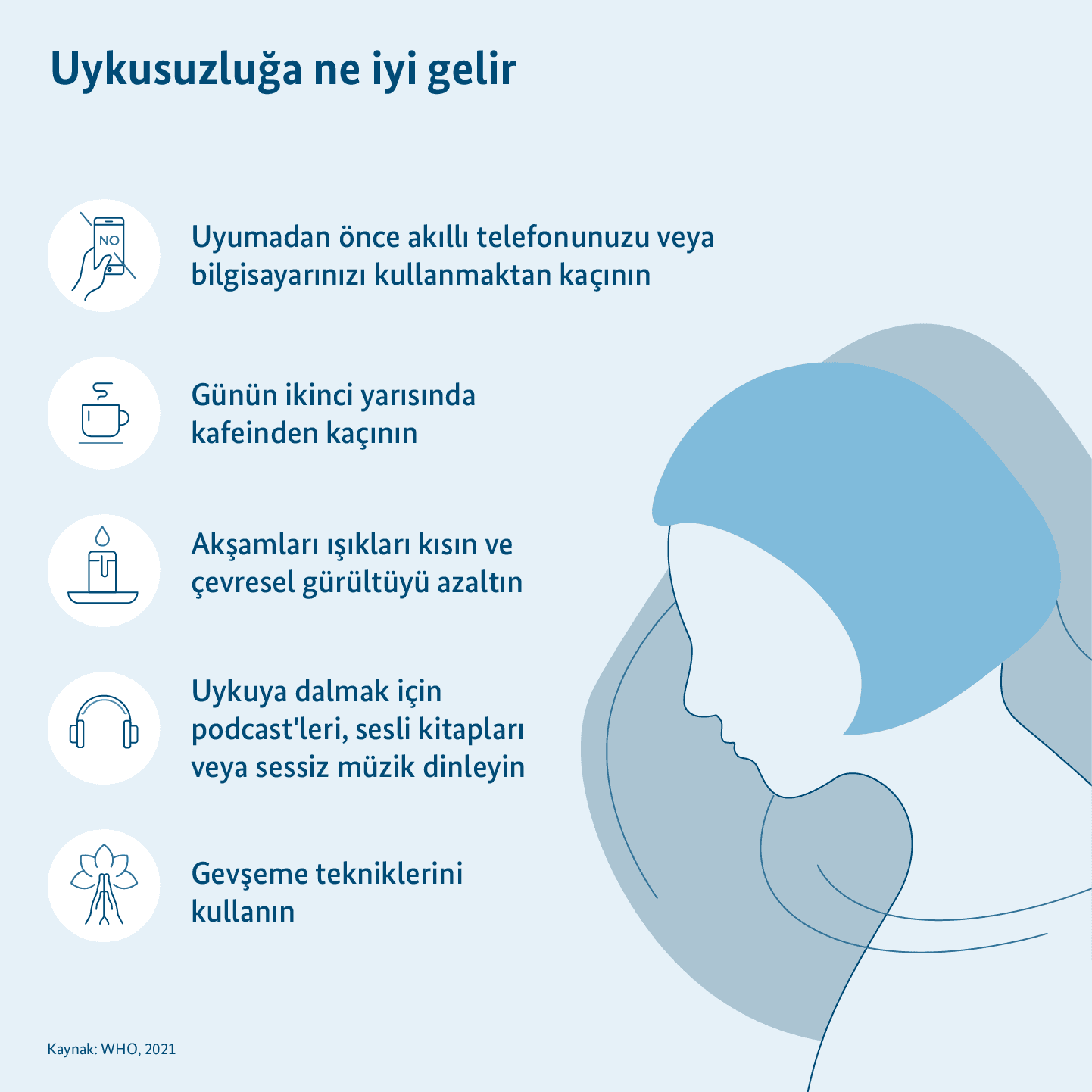 Grafik: Uyku bozuklukları ile başa çıkmak için ipuçları, yastık üzerinde yatan kişi