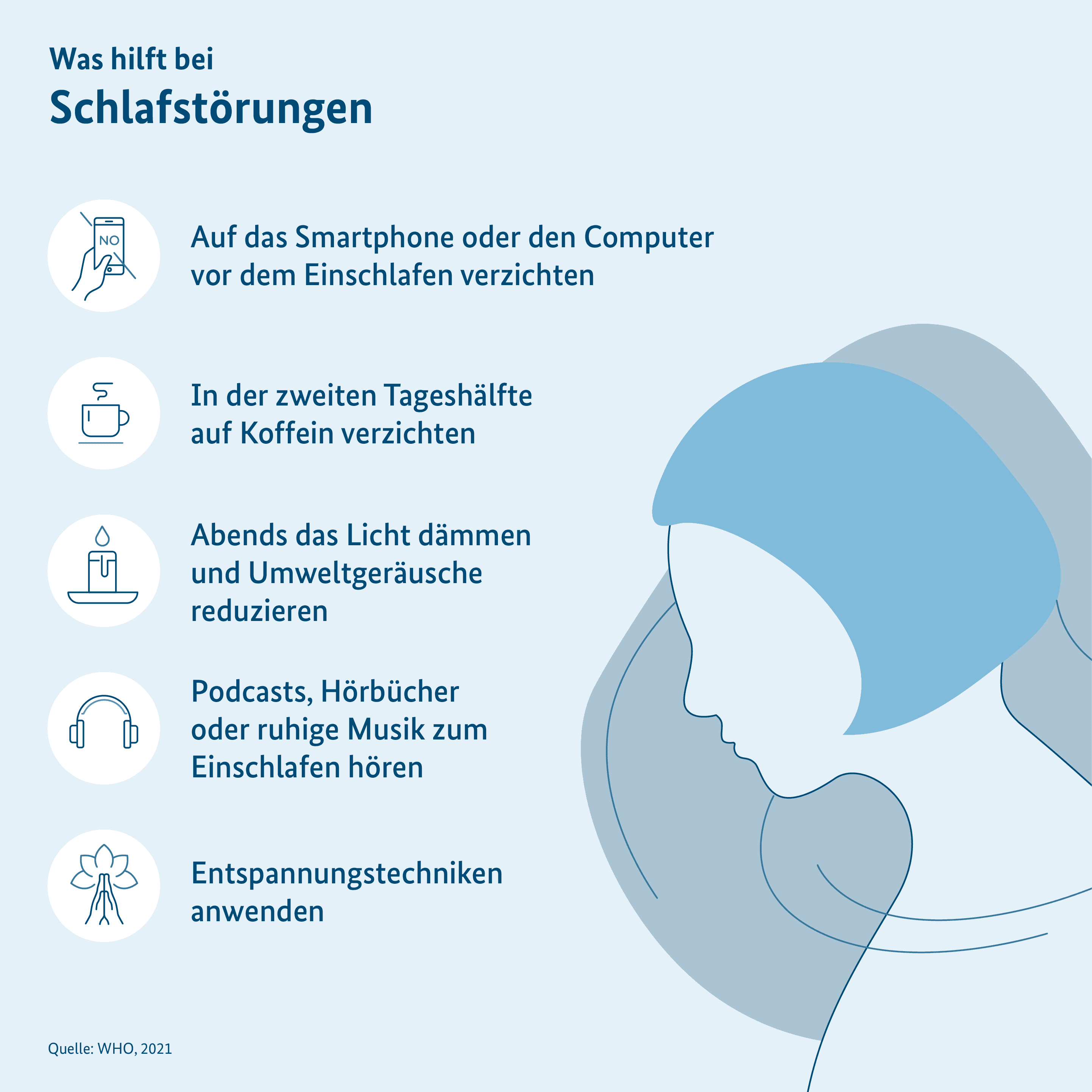 Grafik: Tipps zum Umgang mit Schlafstörungen, Person liegt auf einem Kissen