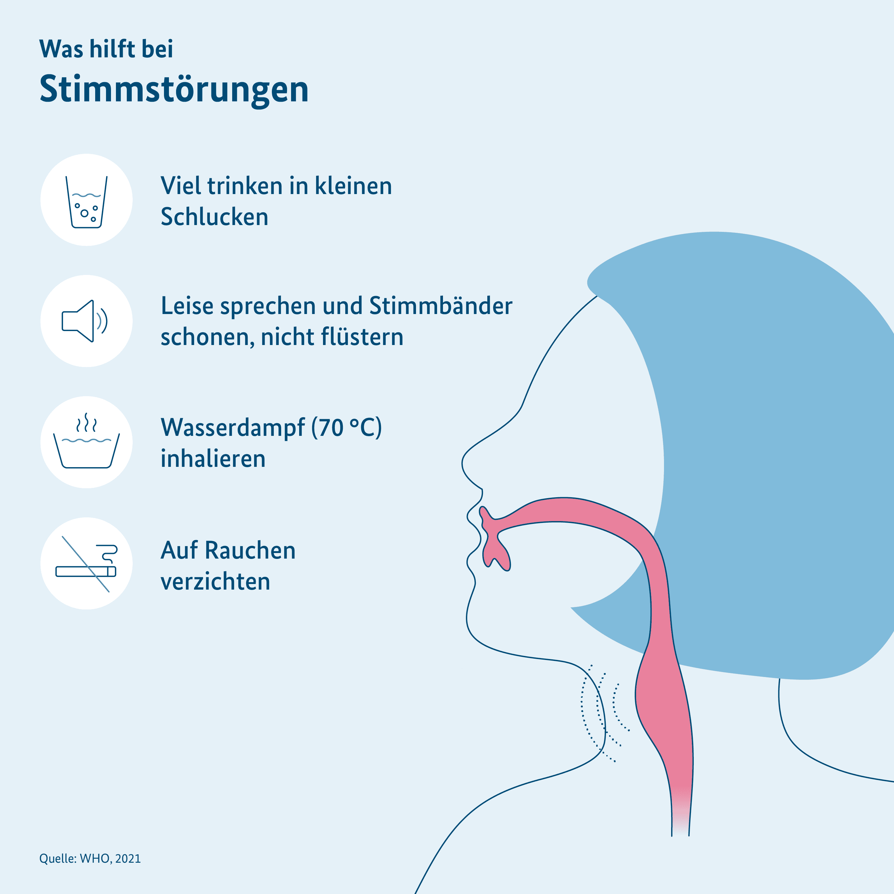 Grafik: Tipps zum Umgang mit Stimmstörung, man sieht den Mund-Rachenraum im menschlichen Körper