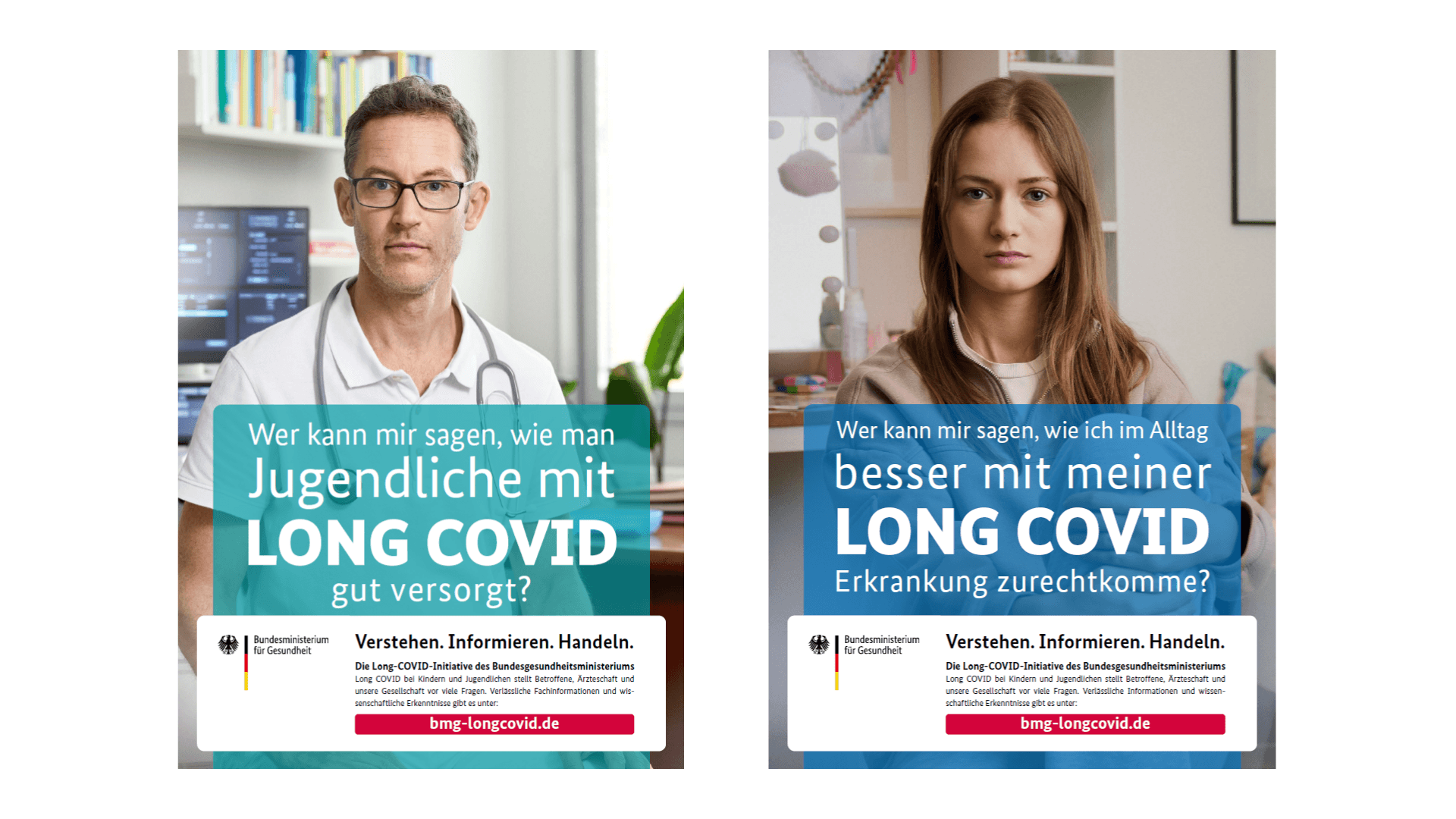 Grafik: Long COVID bei Kindern und Jugendlichen - Plakatmotiv Arzt und Betroffene